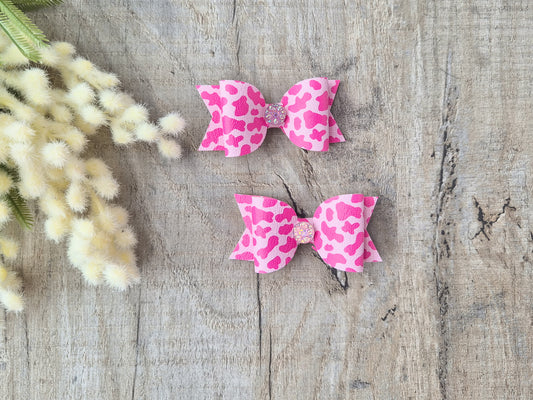 Bright Pink Leopard Pigtail Hair Bows Set, 2x small hair bows