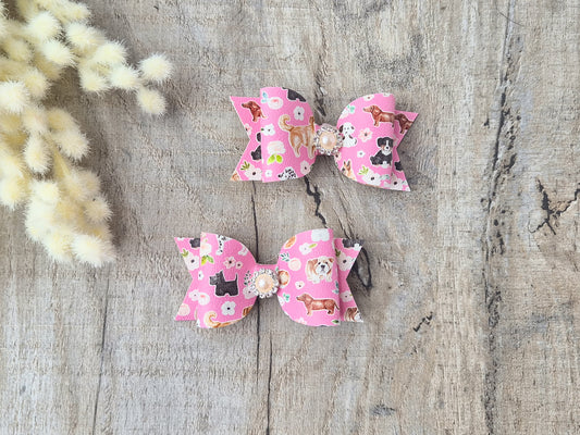 Pink Dogs Pigtail Hair Bows Set, 2x small hair bows.