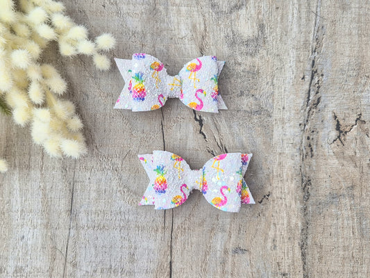 Flamingo Glitter Pigtail Hair Bows Set, 2x small hair bows