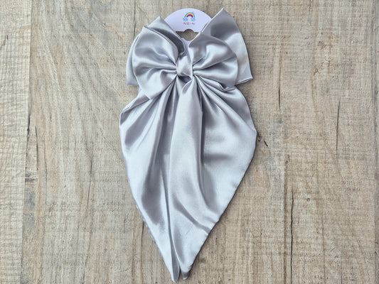 Silver Large Satin Bow. with long tails, Perfect for older Girl, Ladies