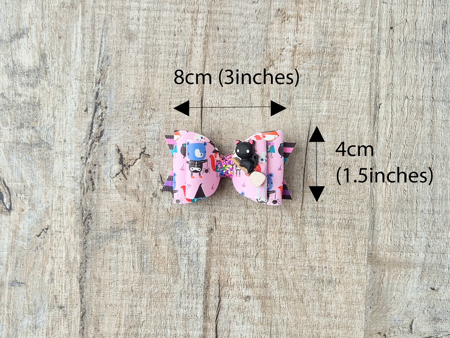 Halloween Pink Witches Hair bow, with a Cute Cat on Broom Embellishment.