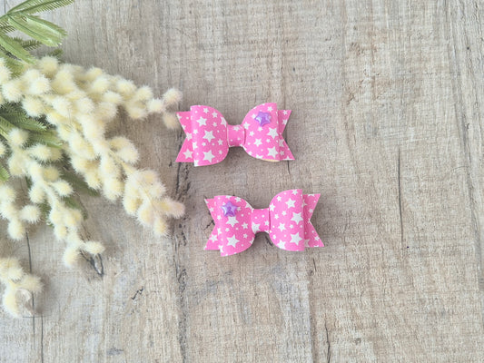 Pink Stars Pigtail Hair Bows Set, 2x small hair bows.
