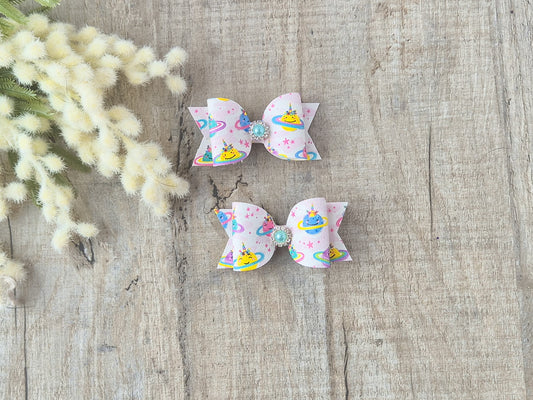 Unicorn Planets Pigtail Hair Bows Set, 2x small hair bows.
