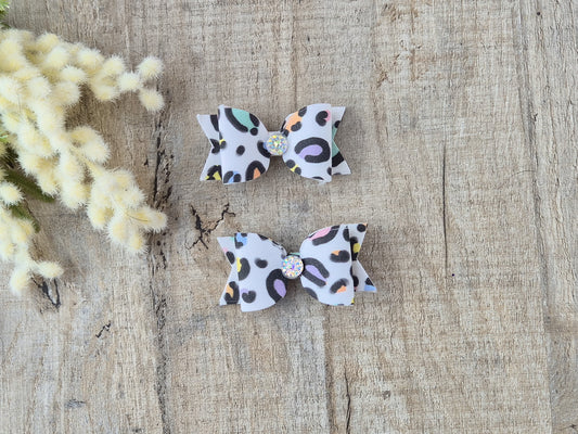 Colourful Leopard Print  Pigtail Hair Bows Set, 2x small hair bows.