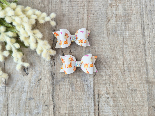 Sophia Giraffe Print  Pigtail Hair Bows Set, 2x small hair bows.