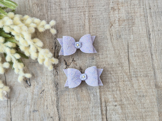 Lilac Lace Pigtail Hair Bows Set, 2x small hair bows.