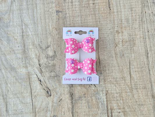 Pink Stars Pigtail Hair Bows Set, 2x small hair bows.