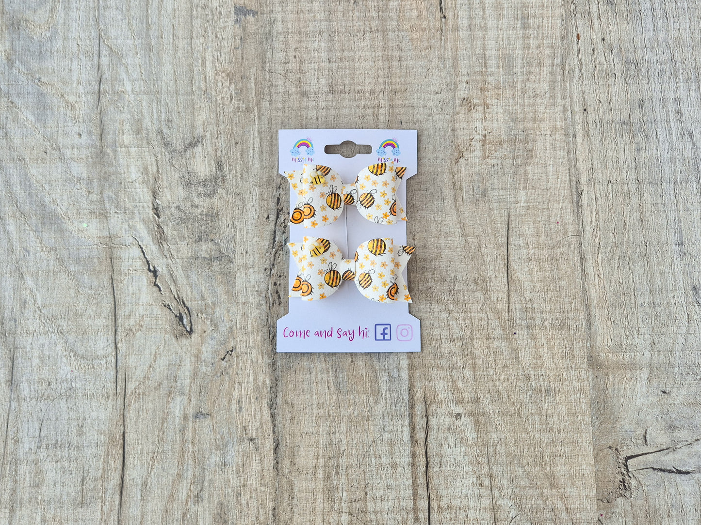 Summer Bees Print  Pigtail Hair Bows Set, 2x small hair bows.