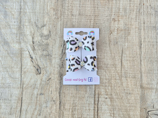 Colourful Leopard Print  Pigtail Hair Bows Set, 2x small hair bows.