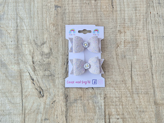 Lilac Lace Pigtail Hair Bows Set, 2x small hair bows.