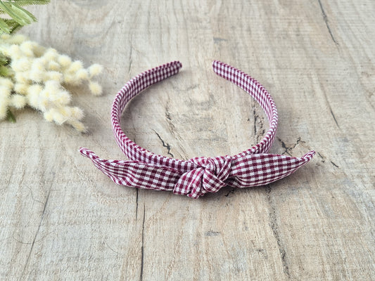 School Gingham Knot Headband – Maroon