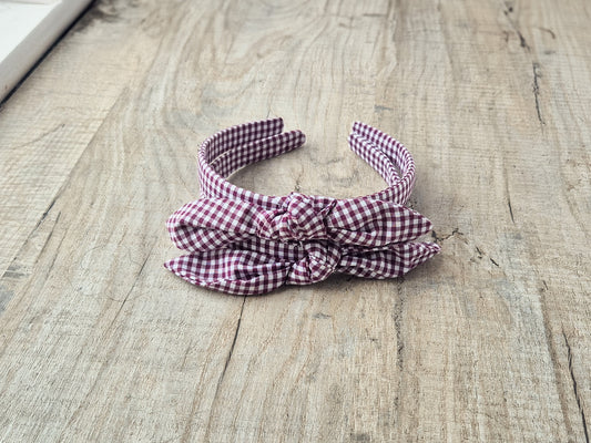 School Gingham Knot Headband – Burgundy