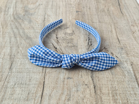School Gingham Knot Headband – Blue