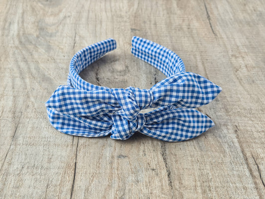 School Gingham Knot Headband – Blue