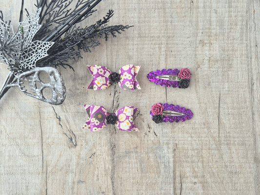 Purple Witch Pig tail set, 2 hair bows and 2 x snap clips