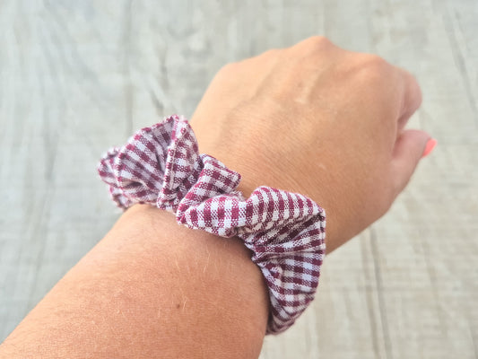 Handmade Mini Scrunchie – Burgundy Gingham School