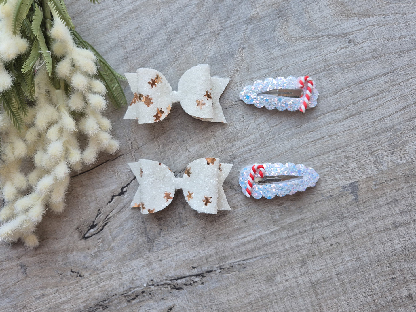 Christmas Glitter Pigtail set, 2 hair bows and 2 x snap clips