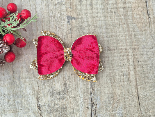 Red Christmas Hair bow for Girls made with Red velvet and gold glitter, the perfect accessory for older girls upwards