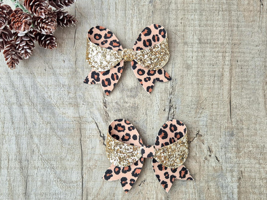 Leopard Print Hair Bow with Gold glitter
