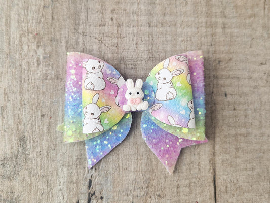 Rainbow Bunny Hair Bow, with Glitter and a Rabbit Embellishment.  Ideal Girls Gift Basket