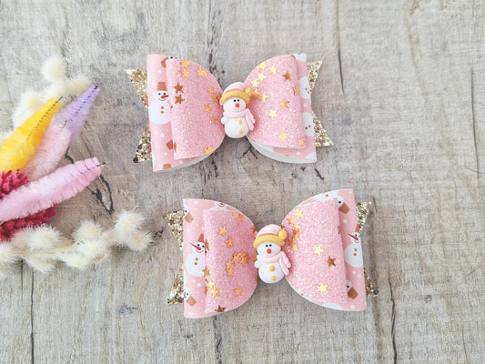 Pink Snowman Hair Bow.