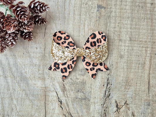 Leopard Print Hair Bow with Gold glitter