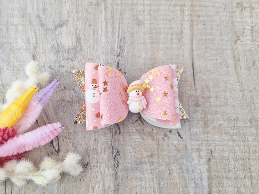 Pink Snowman Hair Bow.
