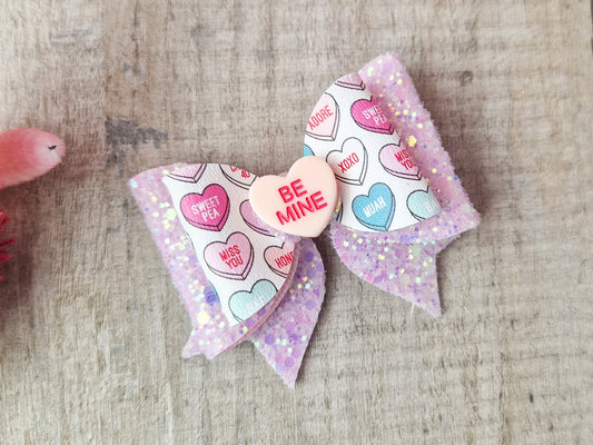 Pink Glitter hair bow, love hearts clip, Suitable for Toddler upwards.