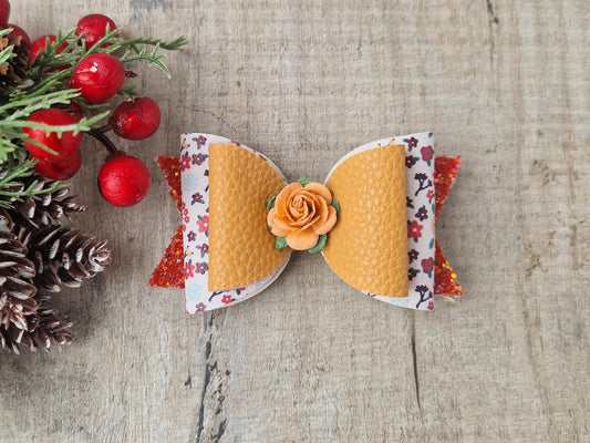 Large Hair bow in Autumn Colours & Orange flower.
